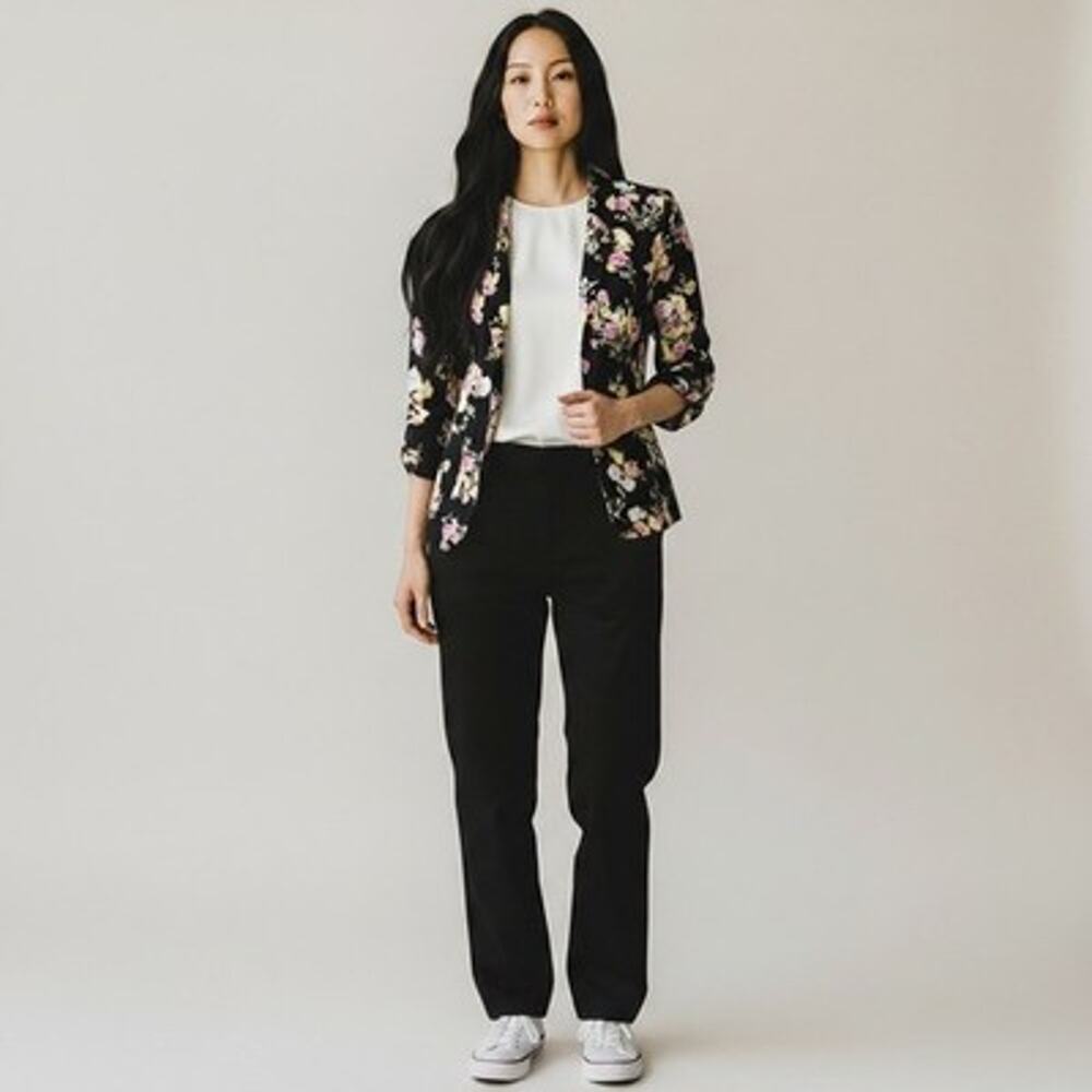 New Candie's Soft Open Front Blazer Black w/ Pink Yellow Orange Flowers Small